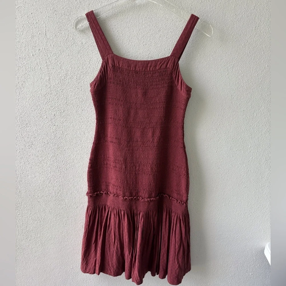 Anthropologie Escondido‎ Smocked Drop Waist Wine Dress XS Square Neck
